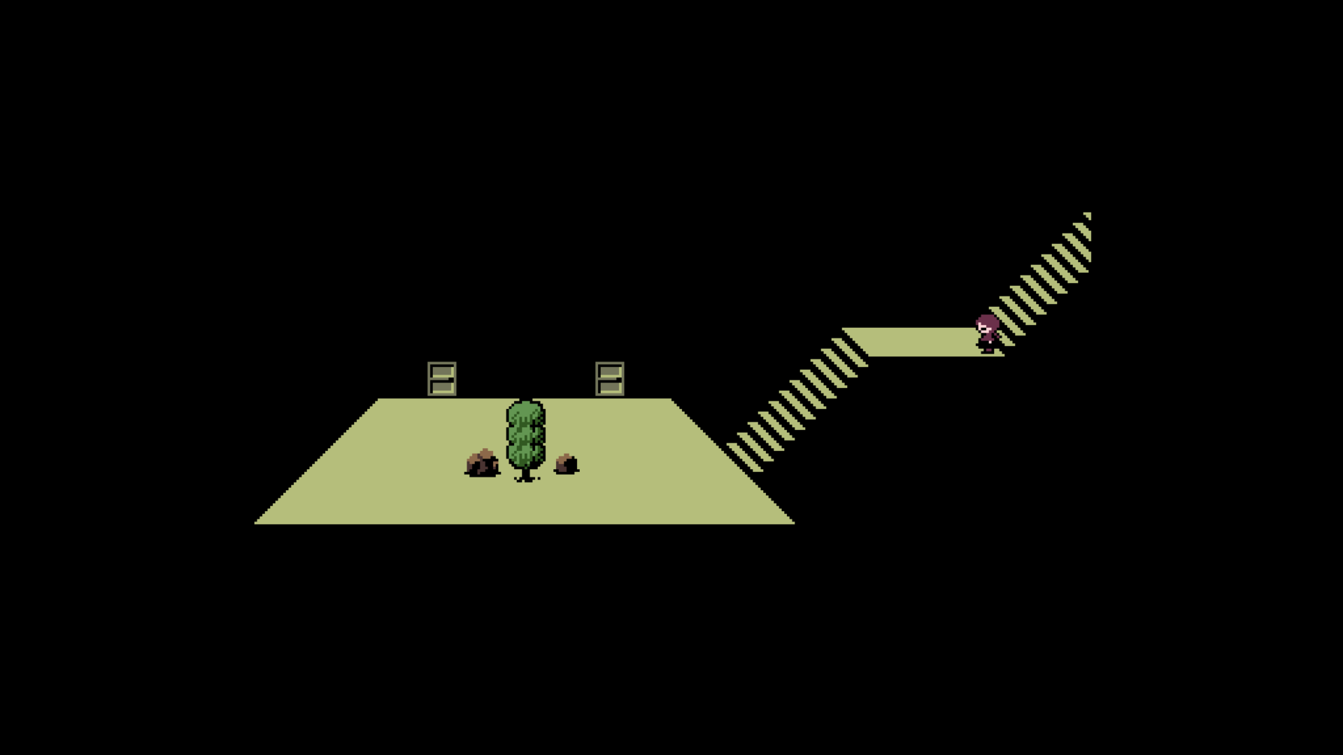Yume Nikki screenshot. Main character descending a flight of stairs and moving towards the left side of the screen. Two doors upon ground level, with a tree sapling flanked by two rocks standing in the middle.