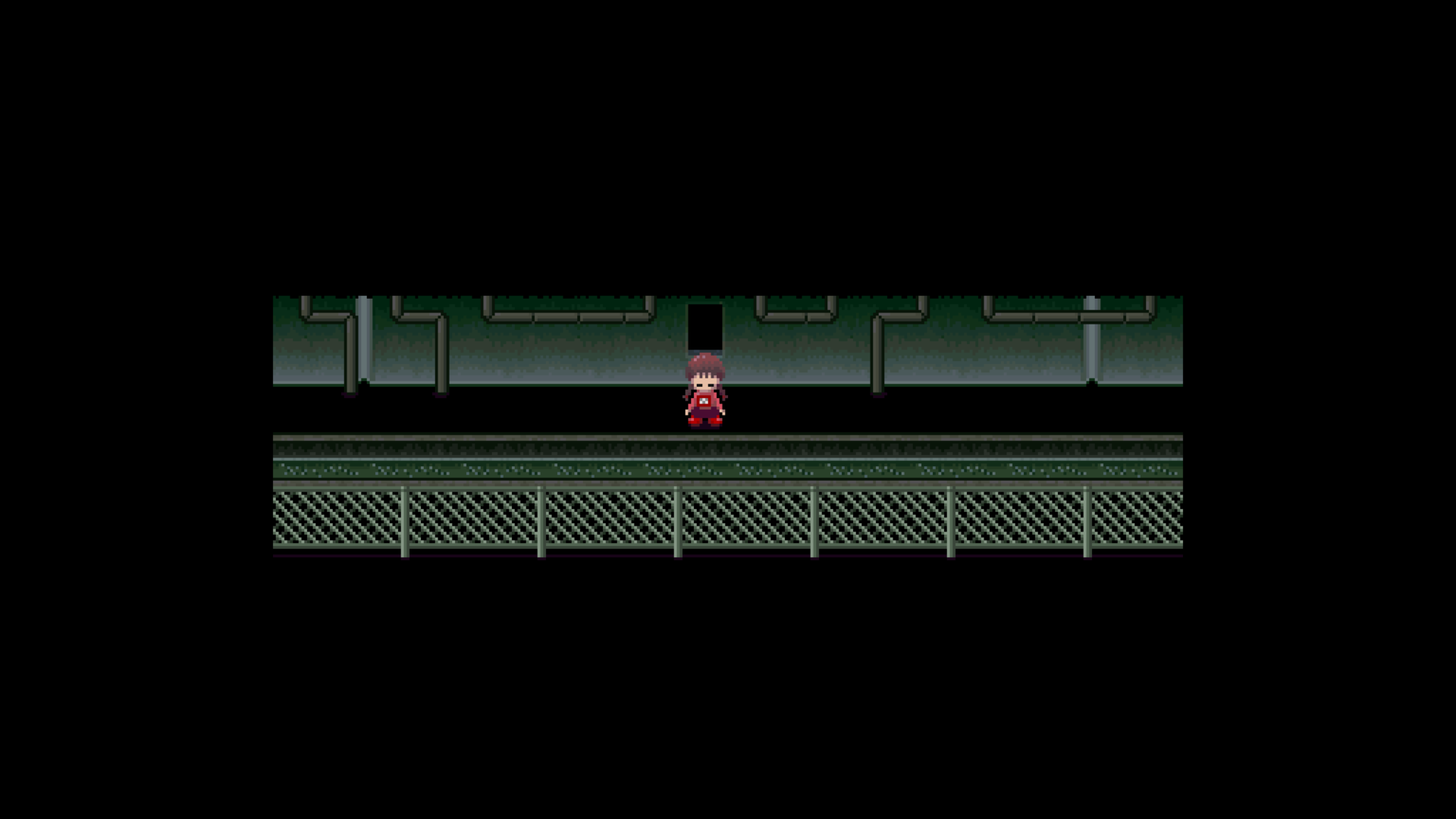 Yume Nikki screenshot. Main character standing in the middle of an underground sewer system.