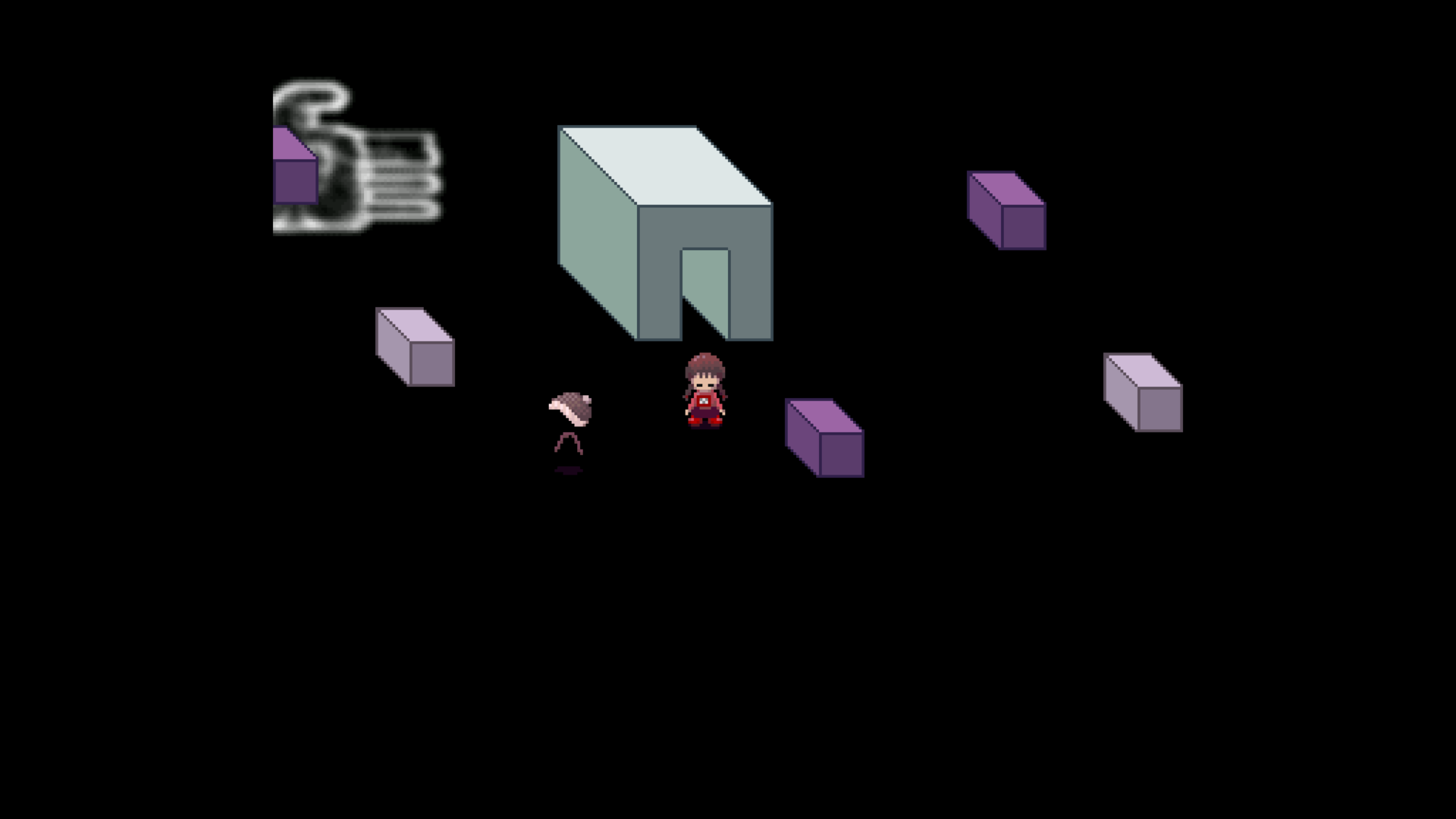 Yume Nikki screenshot. Main character standing along scattered blocks in varying shades of purple and white.