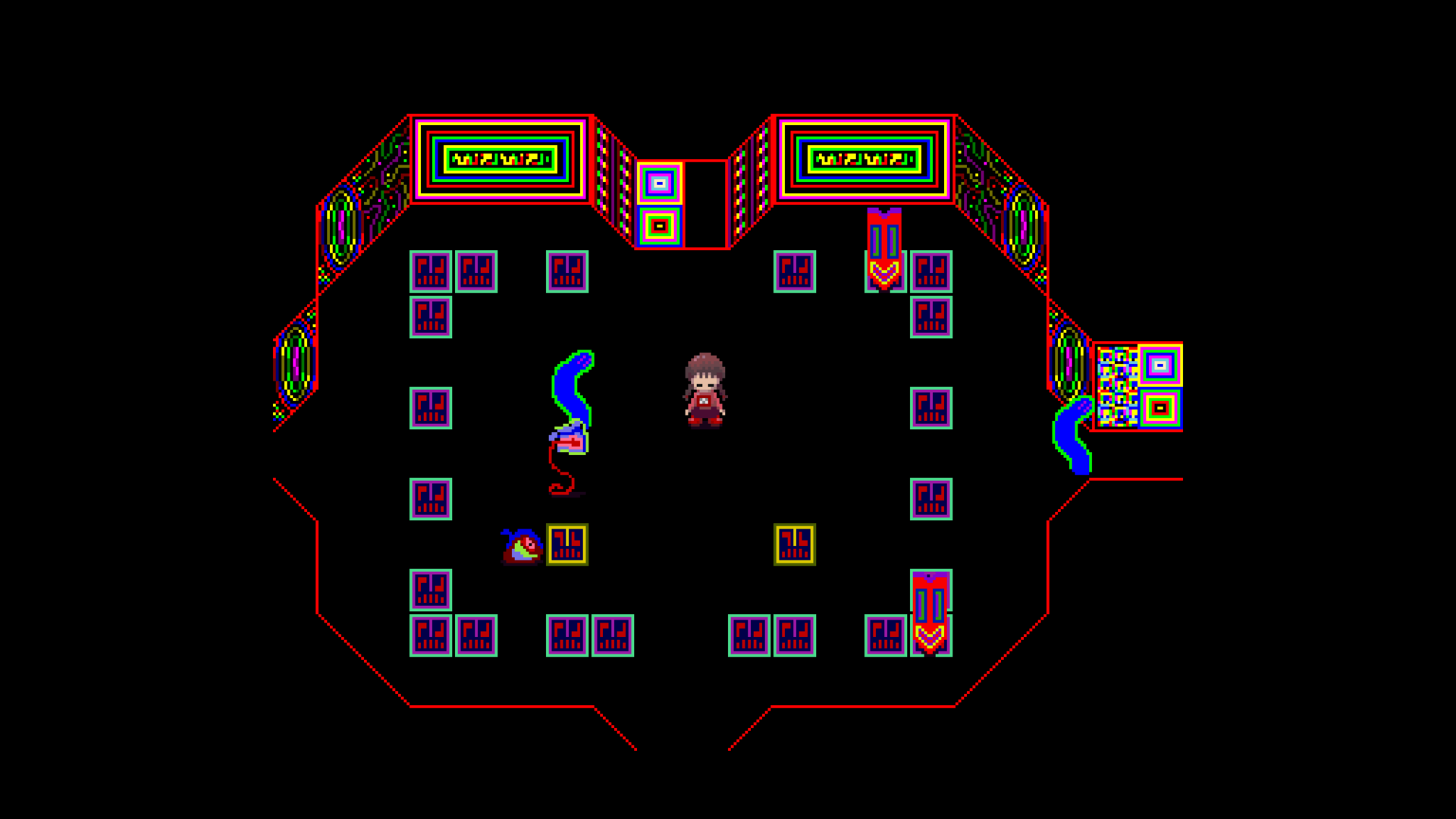 Yume Nikki screenshot. Main characer in a widely enclosed space filled with colourful lights and NPCs.