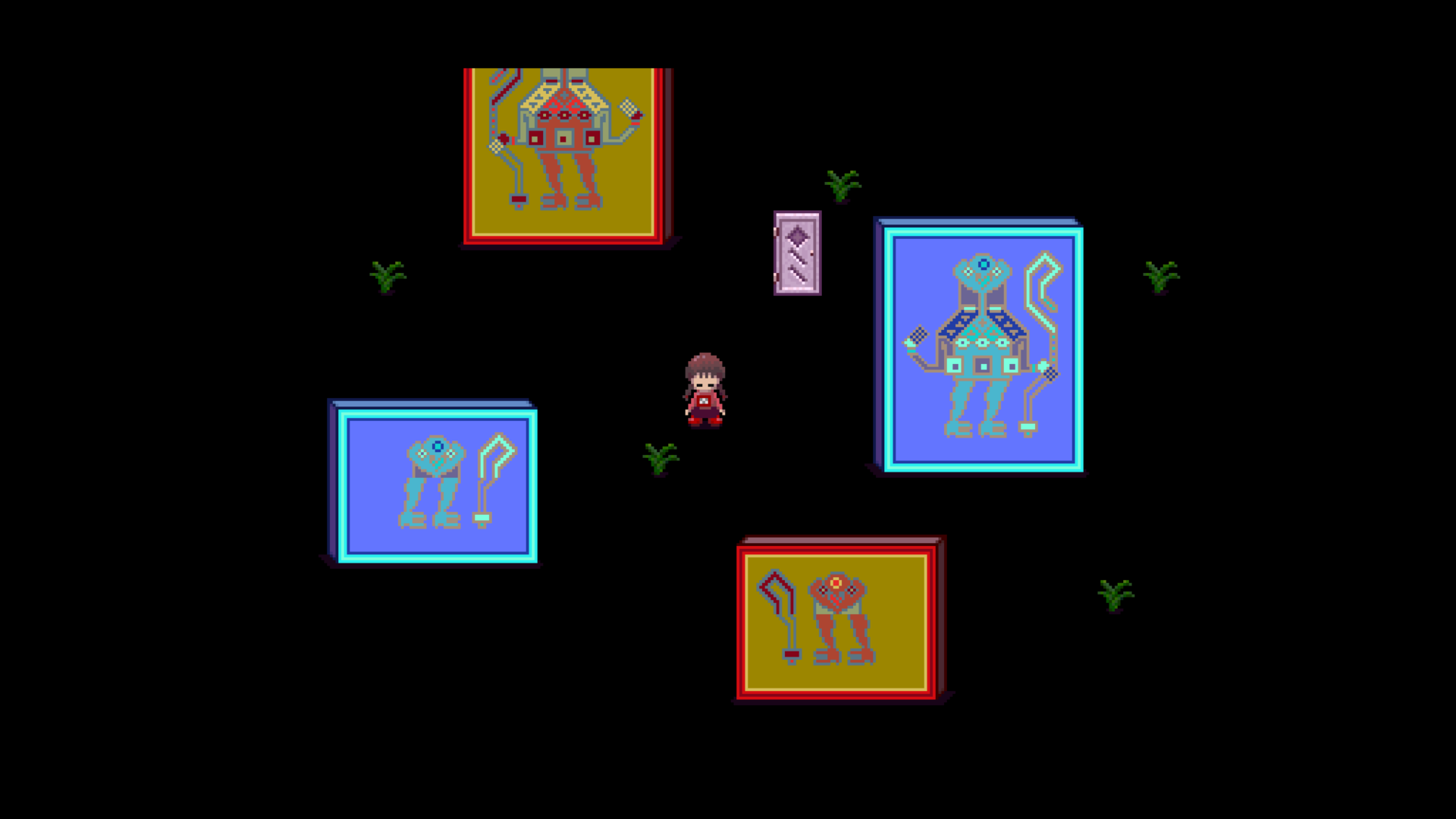 Yume Nikki screenshot. Four perpendicular in-game gallery photos featuring geometric NPCs.