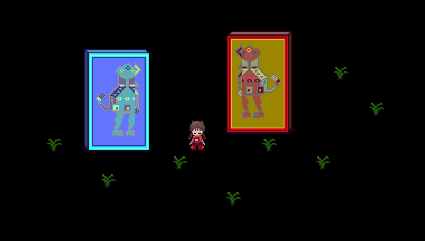 Yume Nikki screenshot. Two horizontally-positioned in-game gallery photos featuring geometric NPCs.