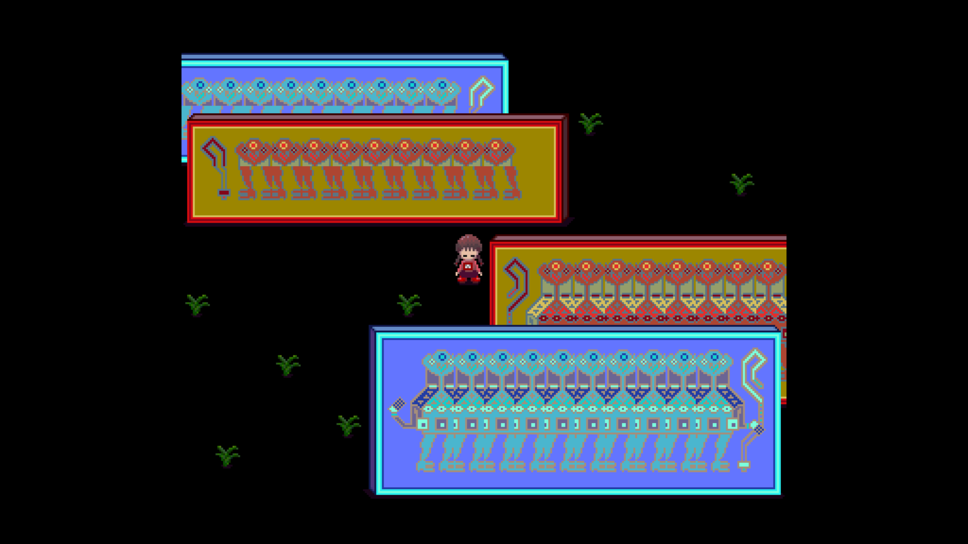 Yume Nikki screenshot. Four in-game gallery photos featuring geometric NPCs.