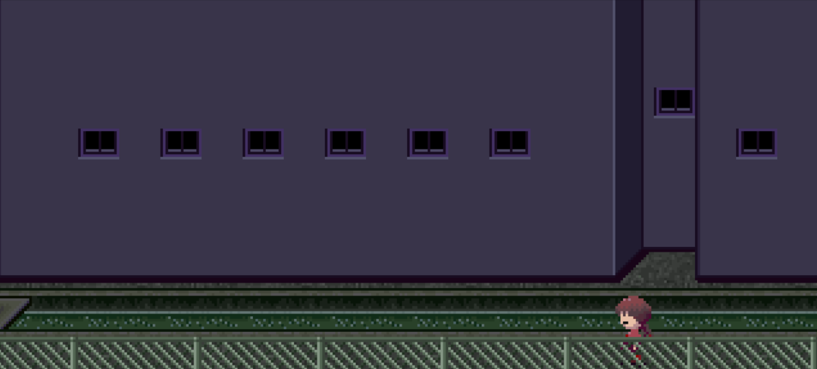 Yume Nikki screenshot. Backdrop of a buildings while main character walks along the sidewalk, going to the left.