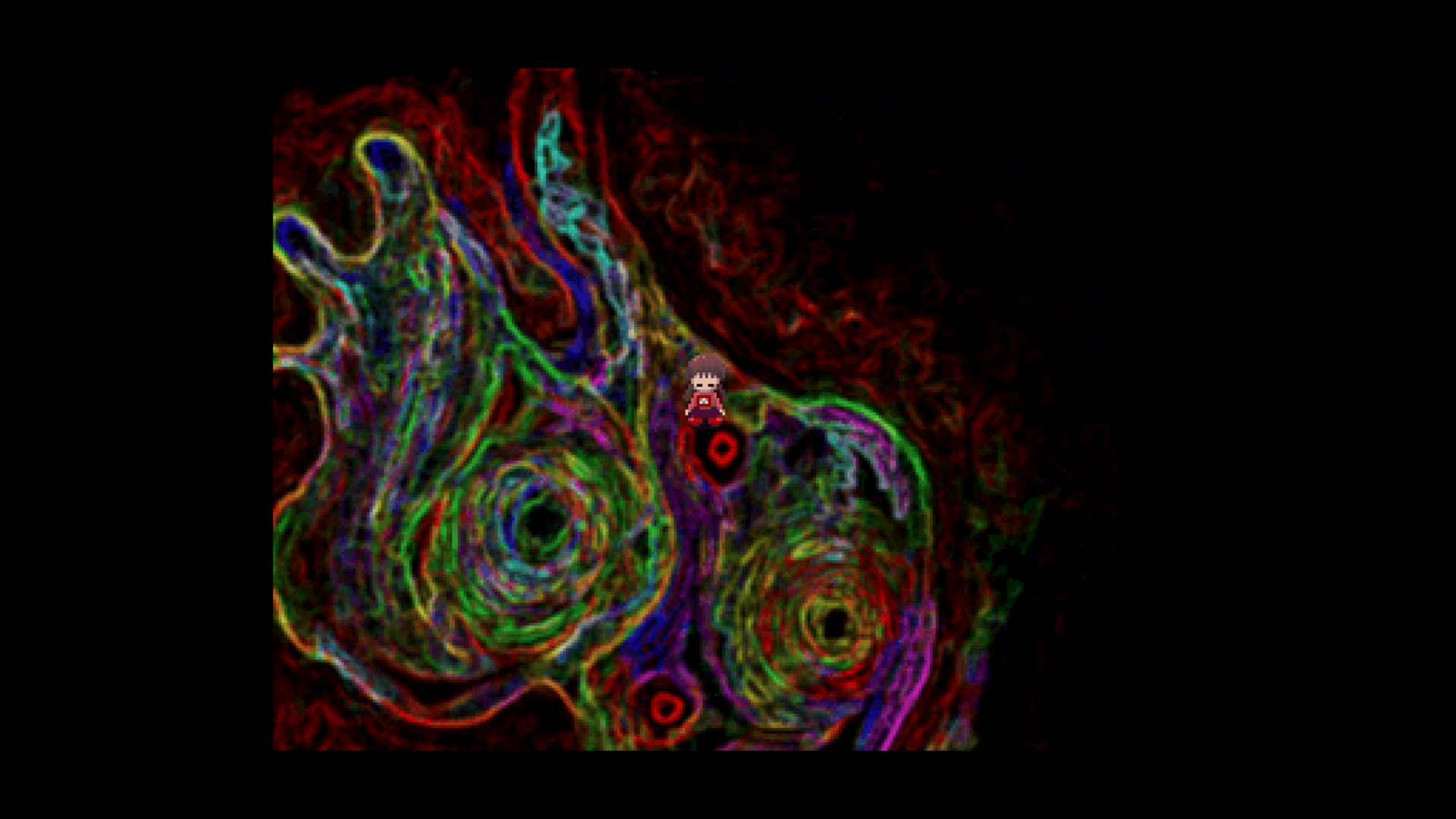Yume Nikki screenshot. Main character standing on top of an abstract art.